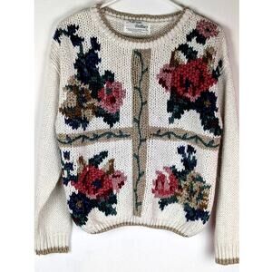 VTG 1993 Allison Brittney Cottagecore Floral Spring Garden Knit Sweater Sz Large